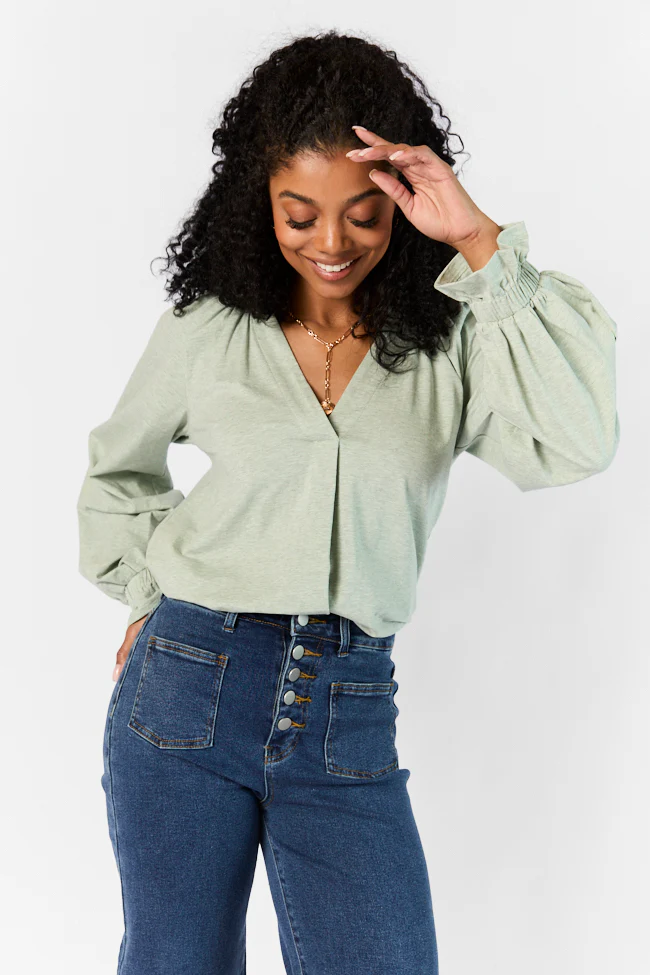 Simply You Sage Knit Notched Neck Long Sleeve Blouse FINAL SALE - Terpint