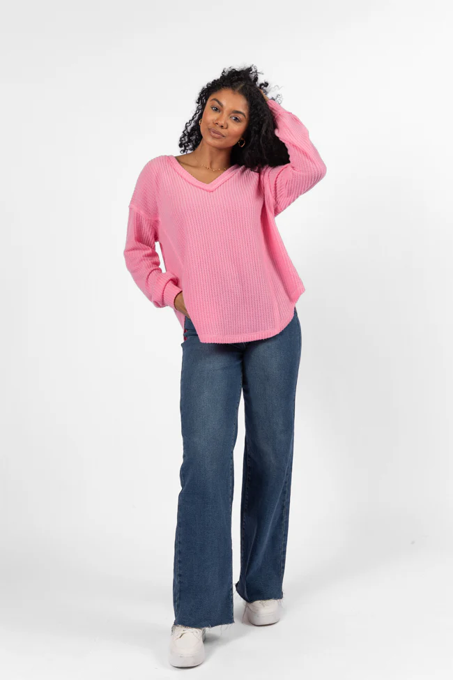 Idle Hands Pink Waffle Knit V-Neck Oversized Knit Top FINAL SALE - Terpint