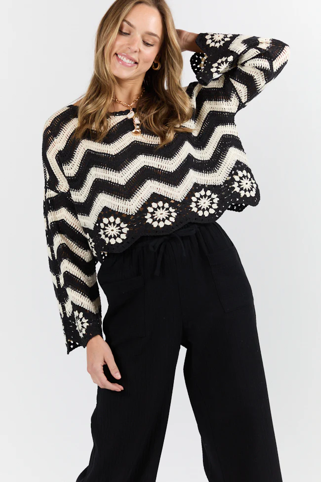 Saltwater Nights Black and Ivory Crochet Sweater DOORBUSTER - Terpint