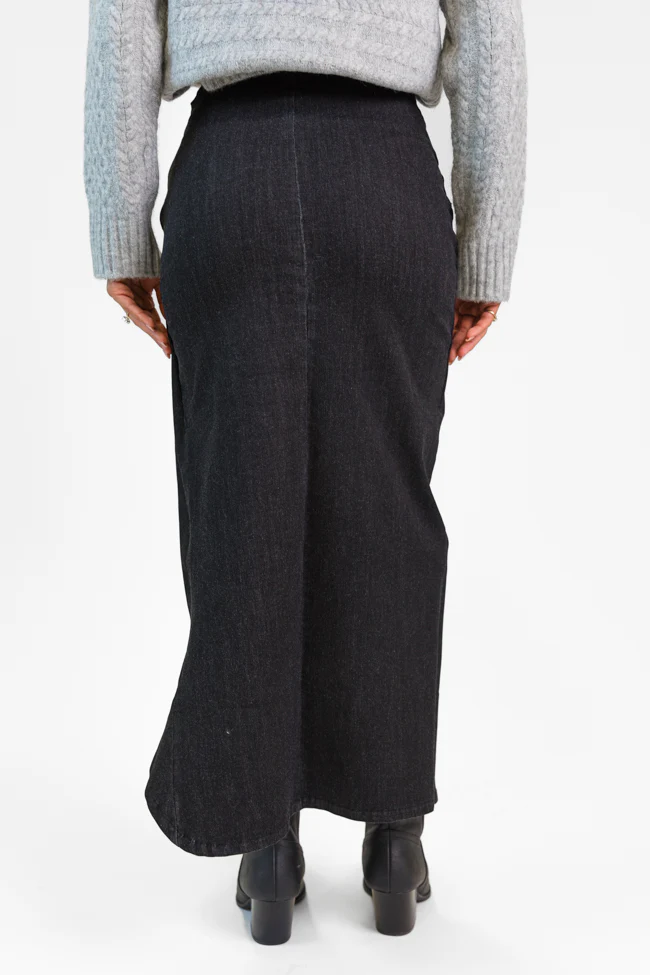 Unexpected Turn Black Denim Twist Front Midi Skirt FINAL SALE - Terpint
