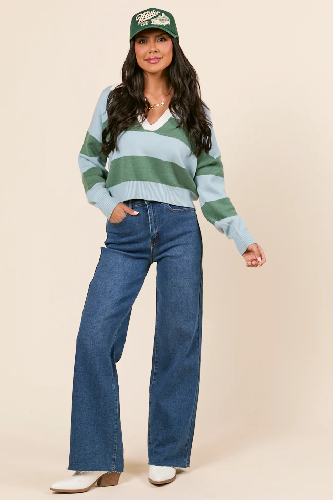 Hibiscus Blue and Green Striped Collared V-Neck Sweater - Terpint