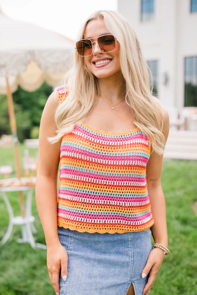 We Were Us Pink And Orange Multi Stripe Crochet Tank FINAL SALE - Terpint