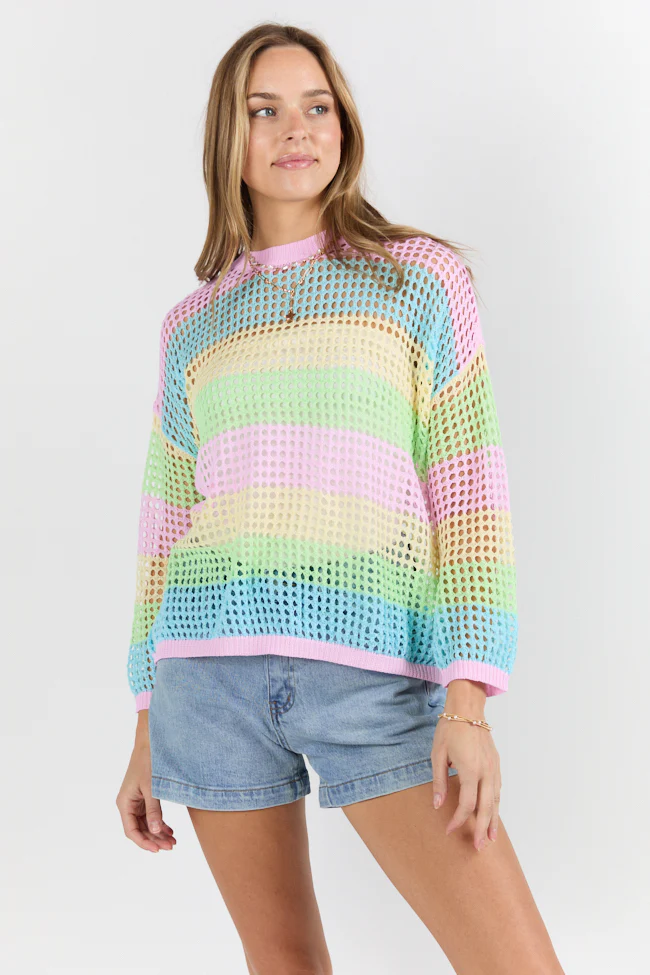 More To Come Open Knit Stripe Crew Neck Sweater FINAL SALE - Terpint