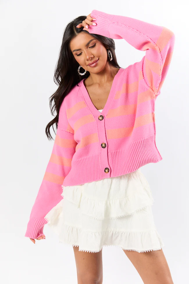 Beyond The City Coral and Pink Striped Cardigan DOORBUSTER - Terpint
