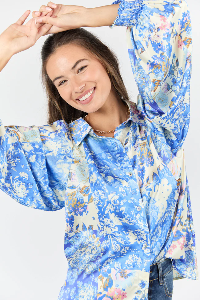 I've Been Waiting Blue Floral Patch Print Satin Button Down Blouse FINAL SALE - Terpint