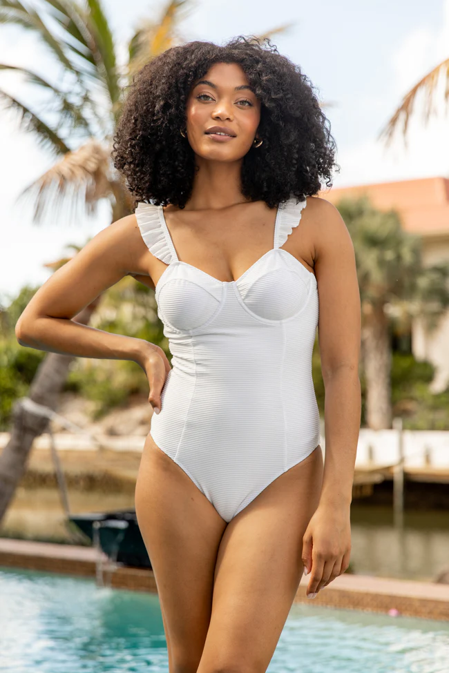 Ride The Waves White Ruffle Shoulder One Piece Swimsuit FINAL SALE - Terpint