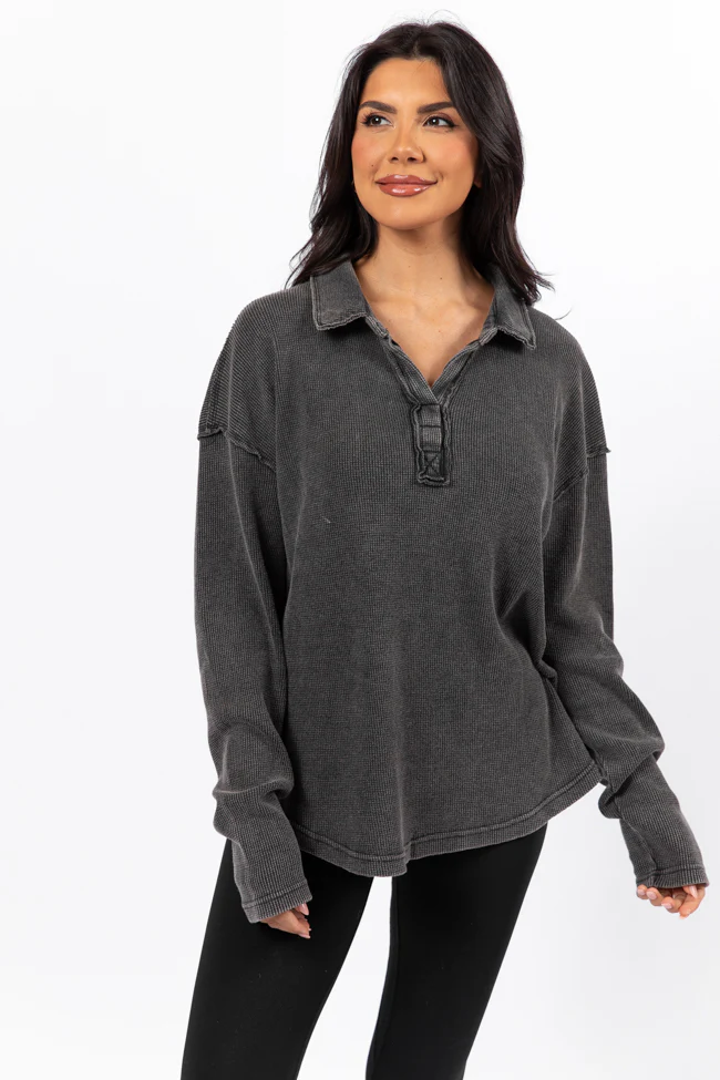 Leaf Your Worries Black Acid Washed Waffle Collared Top - Terpint