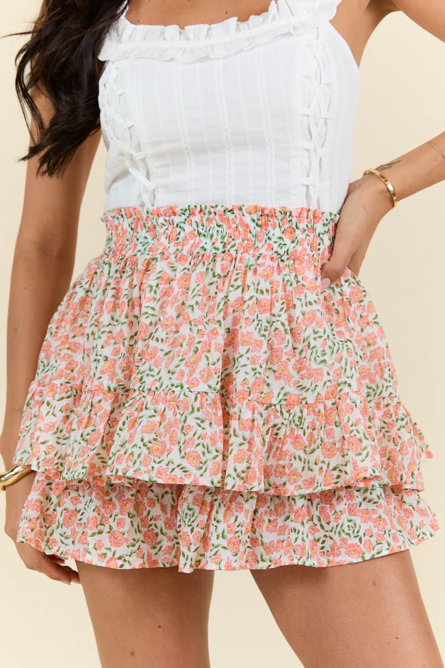 Pretty Moment Orange Multi Floral Print Tiered Mini Skort DOORBUSTER - Terpint