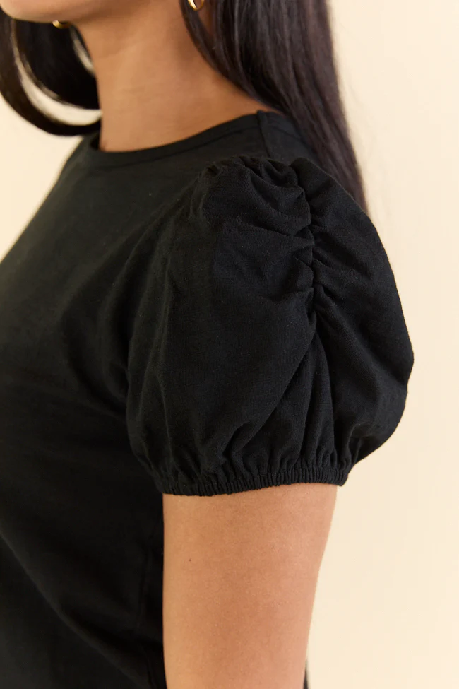 Somewhere Sunny Black Knit Bubble Sleeve Top - Terpint