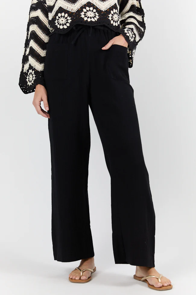 In The Breeze Black Gauze Pull On Wide Leg Pants FINAL SALE - Terpint
