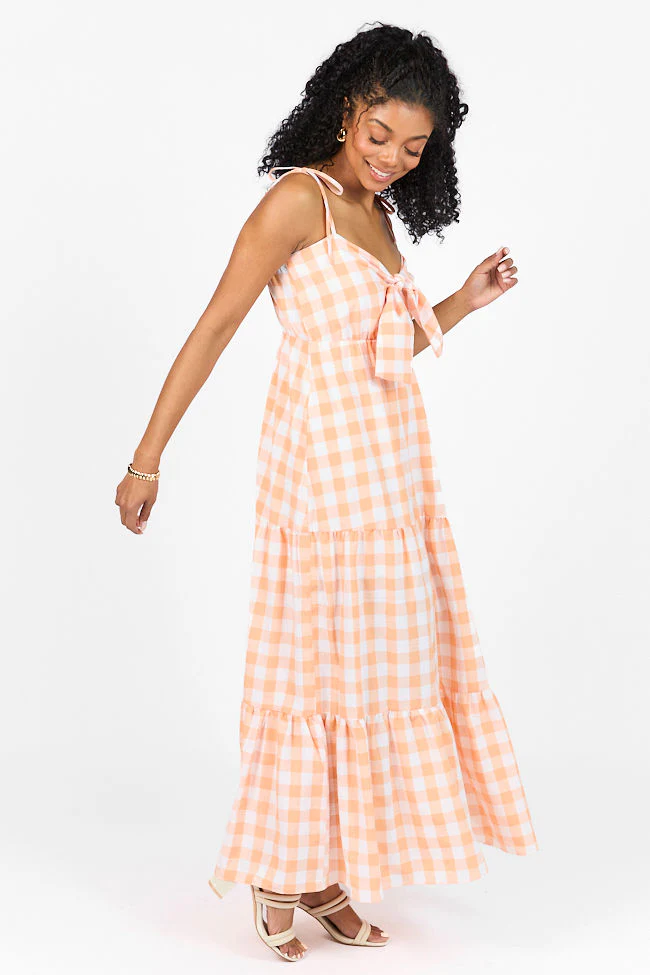 Checked Out Orange Gingham Tie Front Maxi Dress FINAL SALE - Terpint
