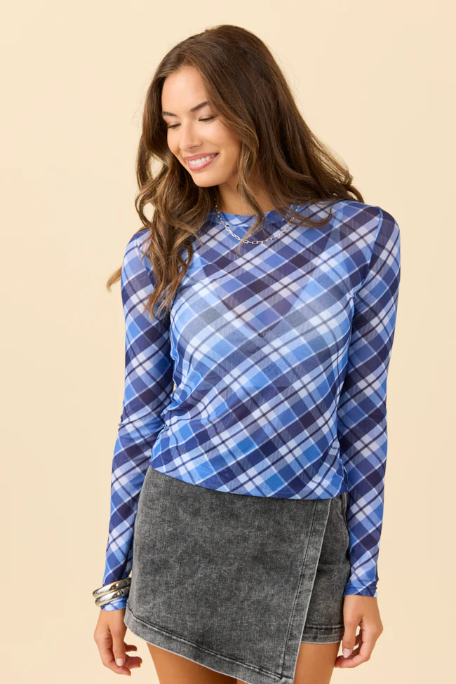 Ansley Long Sleeve Blue Plaid Mesh Crewneck Top DOORBUSTER - Terpint