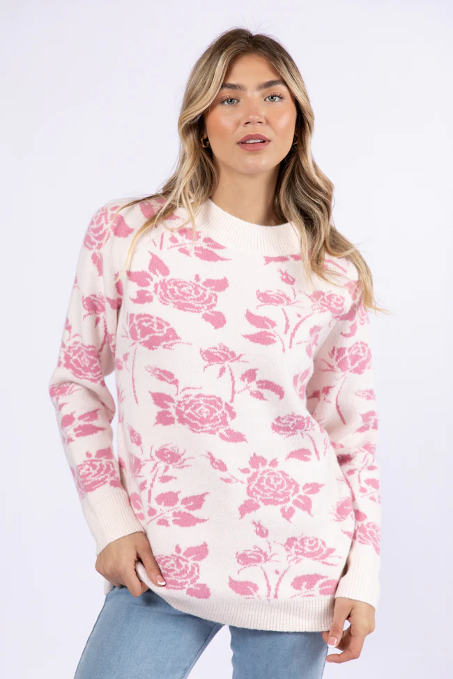 Feeling Like Love Ivory and Pink Floral Crew Neck Sweater FINAL SALE - Terpint
