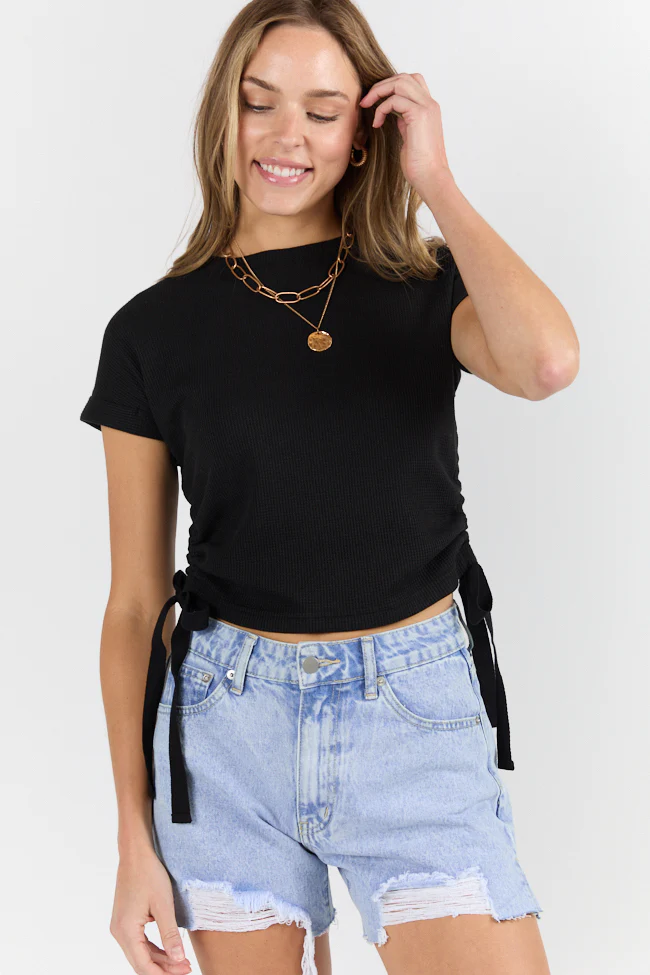 On The Road Again Black Waffle Knit Ruched Side Tee - Terpint