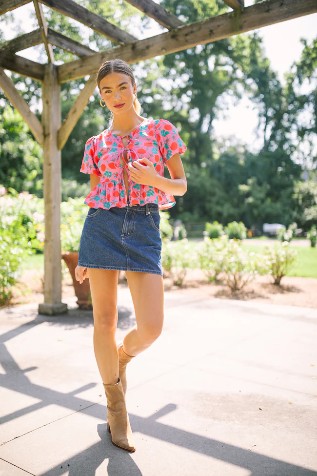 Mila Pink And Red Floral Tie Front Flounce Woven Blouse - Terpint