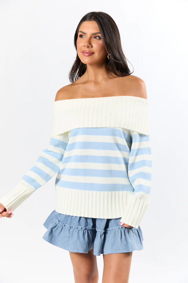 Undertow Feelings Ivory and Blue Striped Off The Shoulder Sweater FINAL SALE - Terpint