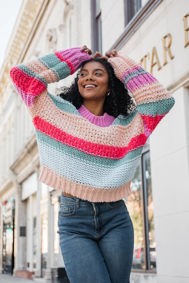 In Line Peach Multi Chunky Striped Sweater DOORBUSTER - Terpint