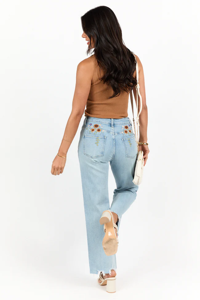 Lily Medium Wash Floral Embroidered Crop Relaxed Jeans FINAL SALE - Terpint