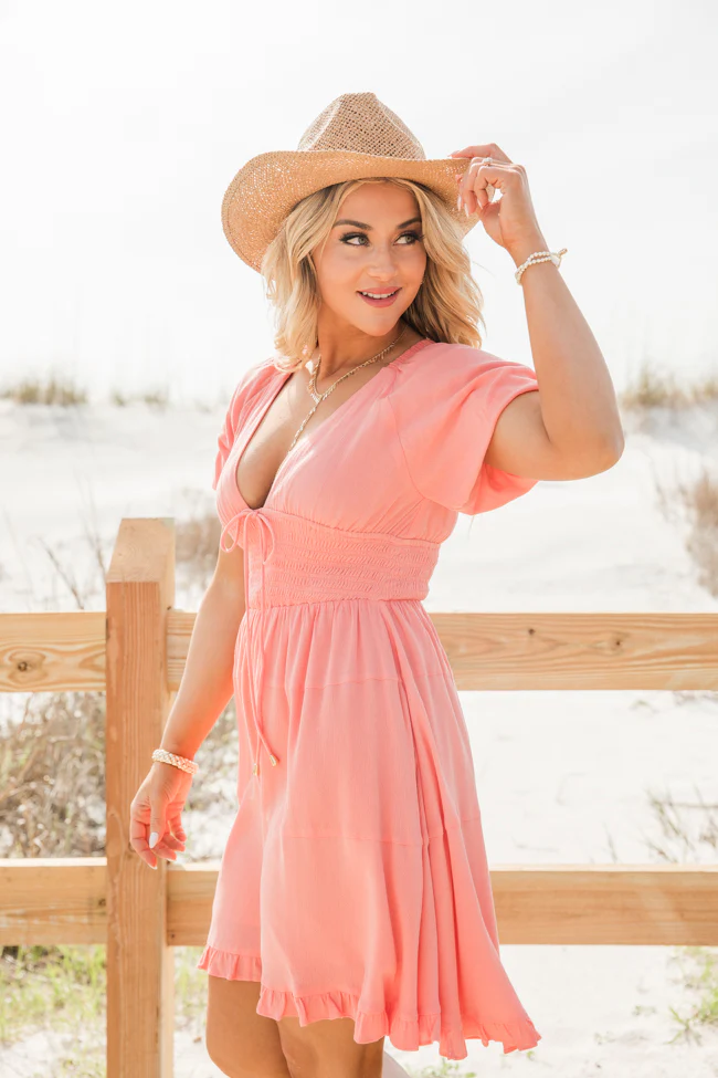 Urban Cowgirl Coral V-Neck Smocked Dress FINAL SALE - Terpint