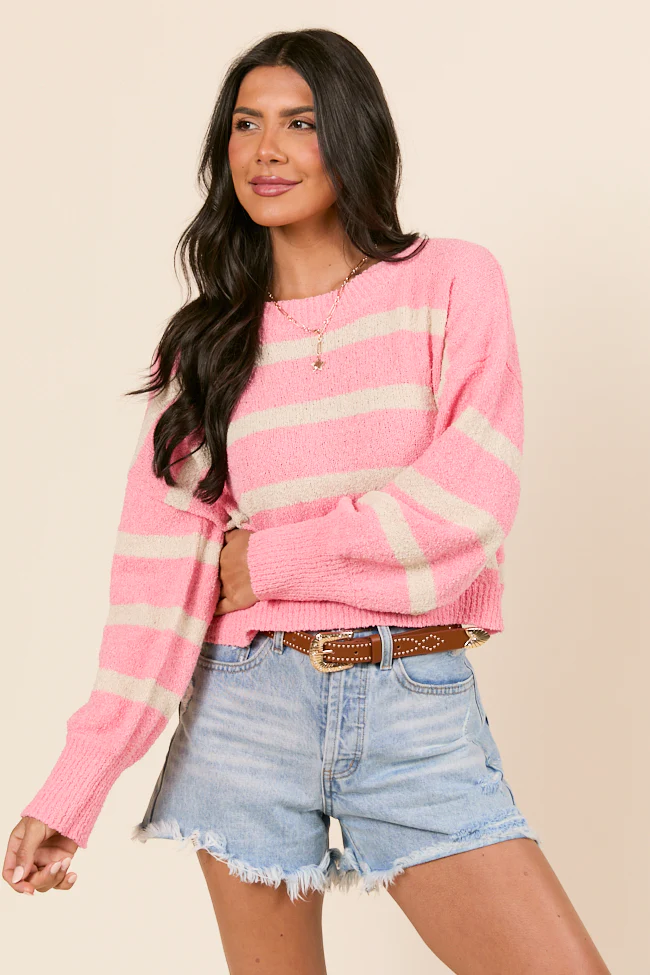 Rosey Long Sleeve Pink Striped Crewneck Sweater - Terpint