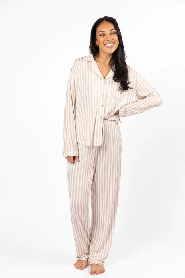 Good To Get Away Neutral Stripe Long Sleeve Pajama Top FINAL SALE - Terpint
