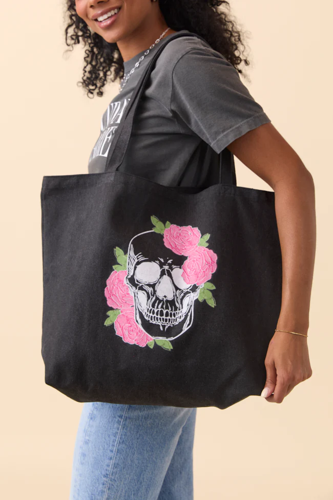 Skull and Roses Washed Black Graphic Tote Bag - Terpint