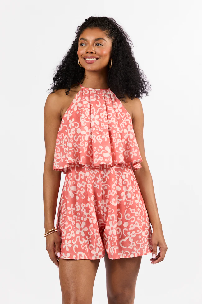 Spotlight Moment Coral Print Halter Neck Romper FINAL SALE - Terpint