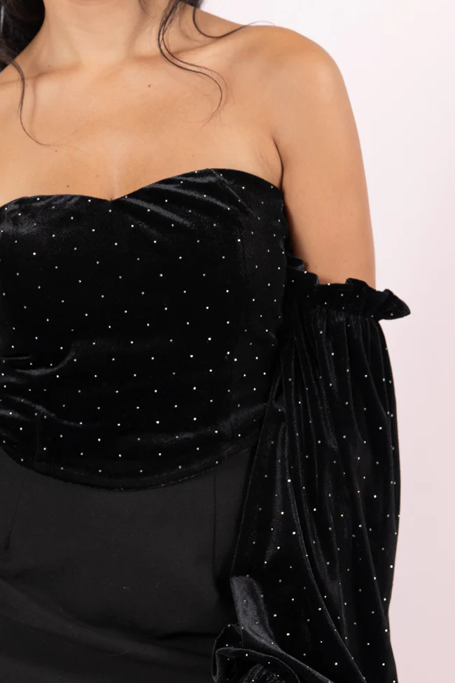 Brightest Star Black Off The Shoulder Rhinestone Studded Velvet Top FINAL SALE - Terpint