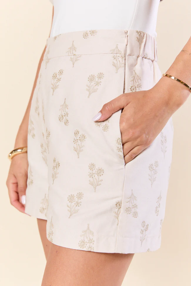 Iconic Ivory and Taupe Floral Embroidered Shorts FINAL SALE - Terpint