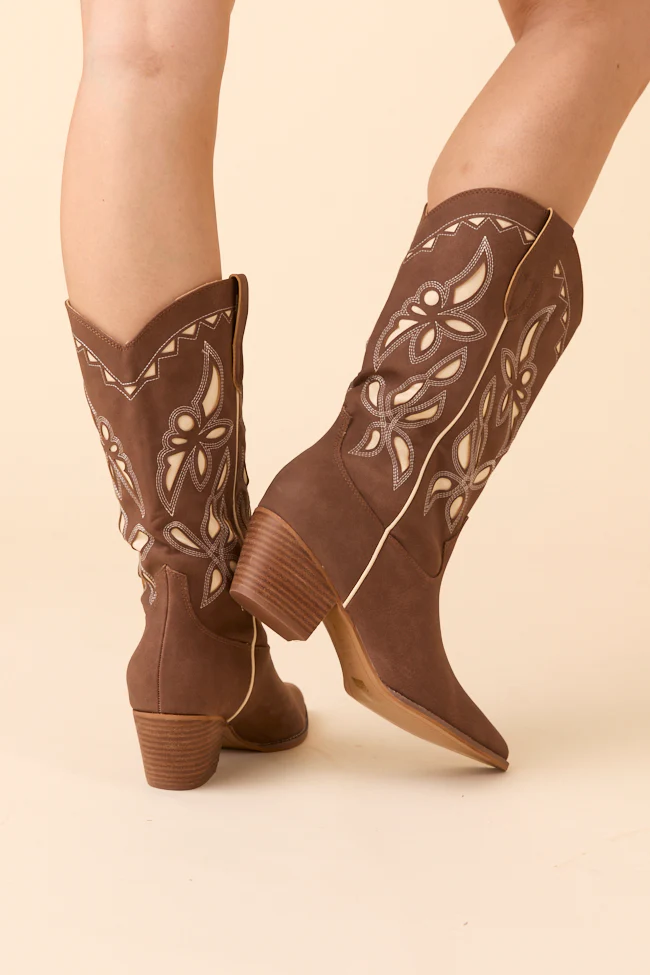 Zinnia Brown Cutout Cowboy Boots - Terpint