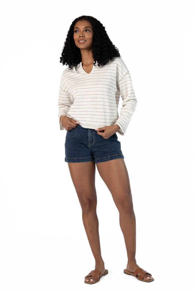 Many Beginnings Cream and Beige Striped Notched Neck Tee FINAL SALE - Terpint
