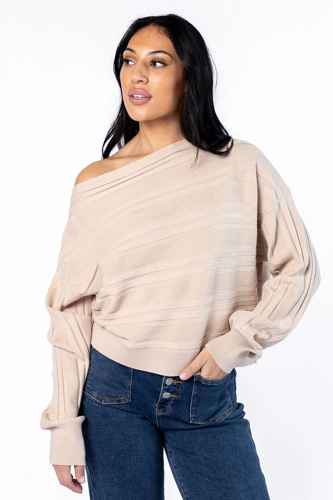 Feels Right Beige Off The Shoulder Ribbed Sweater FINAL SALE - Terpint
