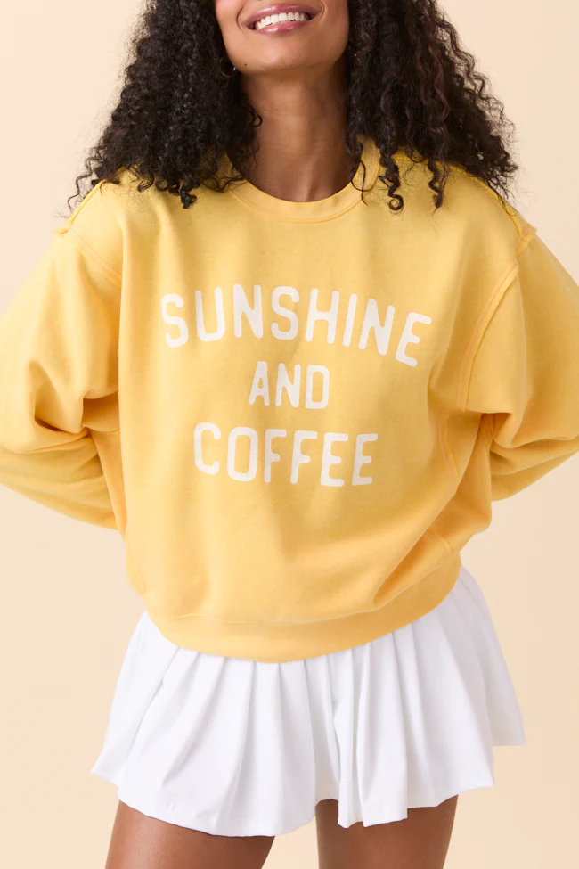 Sunshine and Coffee Yellow Raw Hem Fleece Graphic Sweatshirt - Terpint