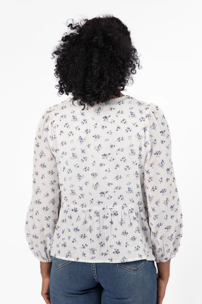 Close To Me Ivory and Blue Bow Detail Floral Blouse FINAL SALE - Terpint