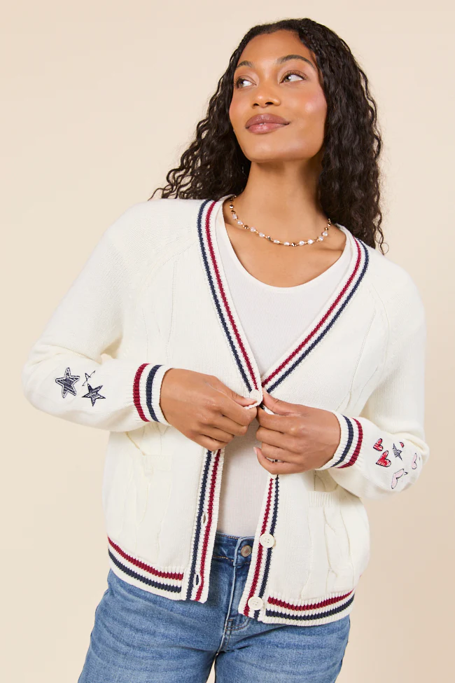 Brie Striped Trim Varsity Long Sleeve Cardigan - Terpint