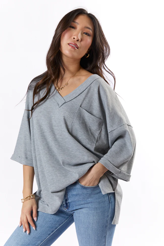It's Our Time Grey Oversized Pocketed Waffle Tee FINAL SALE - Terpint