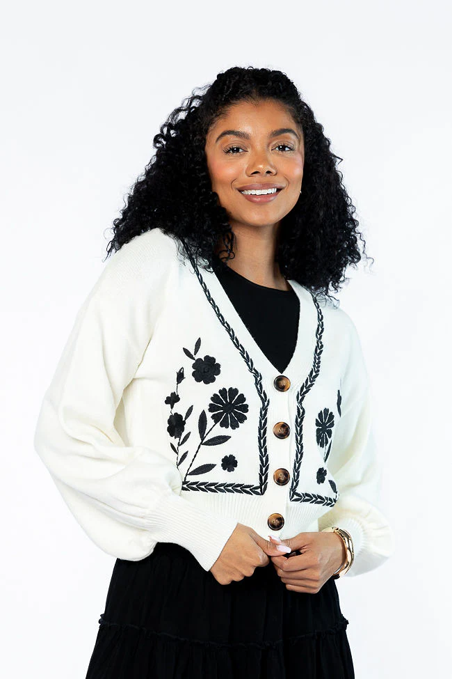 Bloom With Grace Ivory and Black Floral Embroidered Cardigan FINAL SALE - Terpint