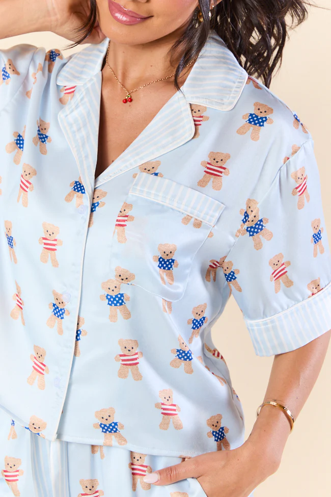 Bearly Asleep Teddy Bear Printed Short Sleeve Pajama Top FINAL SALE - Terpint