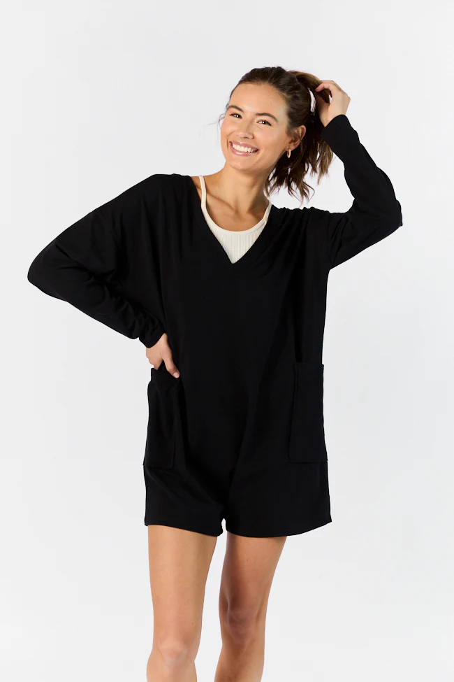 On A Daily Basis Black Deep V-Neck Pocketed Long Sleeve Romper FINAL SALE - Terpint