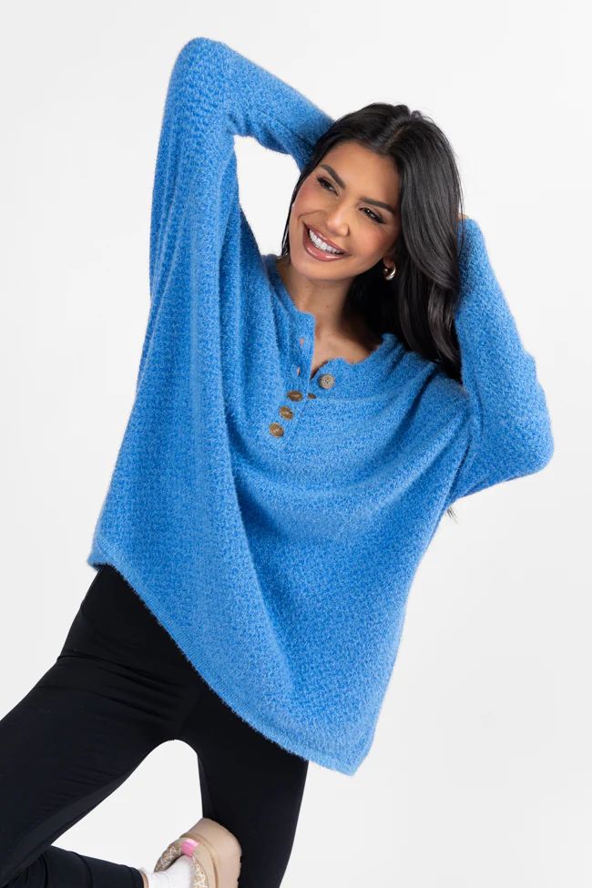 Thinking Of You Blue Fuzzy Henley Blouse FINAL SALE - Terpint
