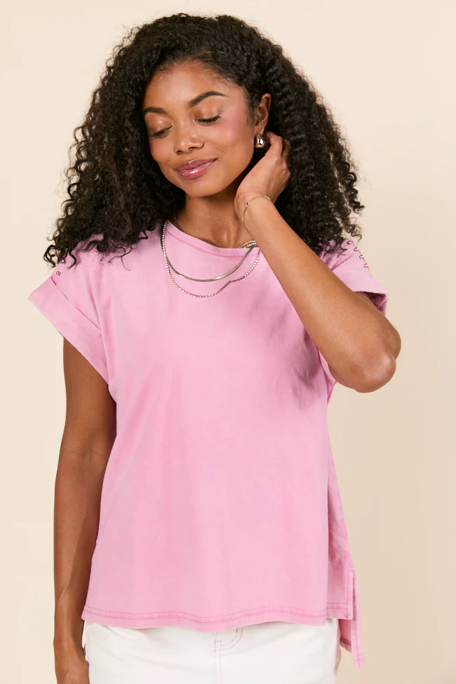 Kamryn Studded Short Sleeve Pink Acid Wash Tee - Terpint