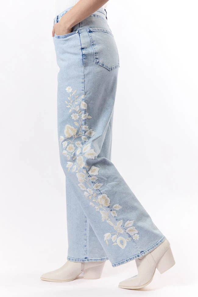 Daisy Light Wash Floral Embroidered Wide Leg Jeans FINAL SALE - Terpint