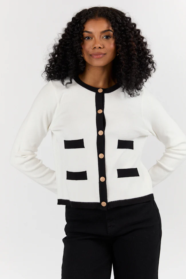 Forever Changing Ivory and Black Contrast Trim Cardigan FINAL SALE - Terpint