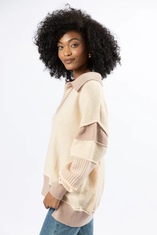 Think About It Cream and Mauve Collared Oversized Sweater - Terpint