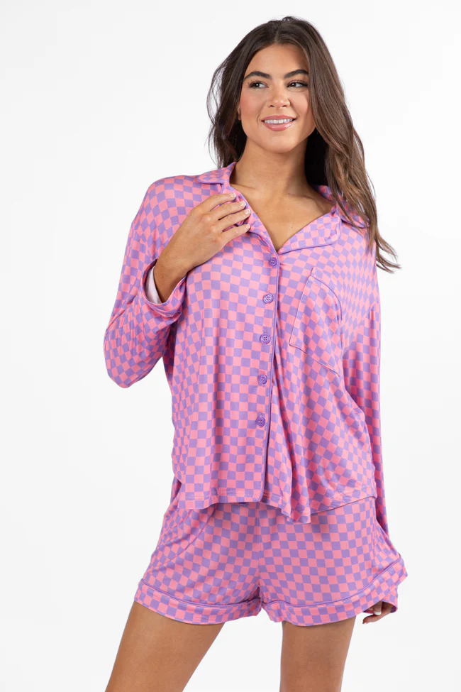 Good To Get Away Light Pink and Lilac Checkered Long Sleeve Pajama Top FINAL SALE - Terpint