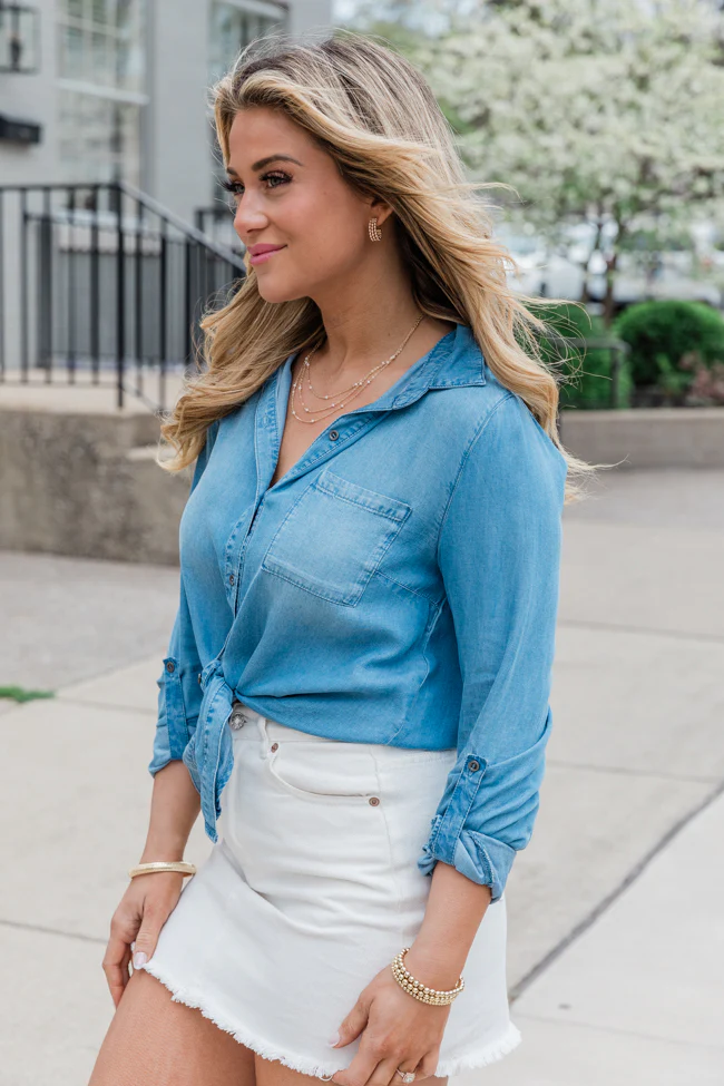 Simplify Life Medium Tie Front Chambray Blouse FINAL SALE - Terpint
