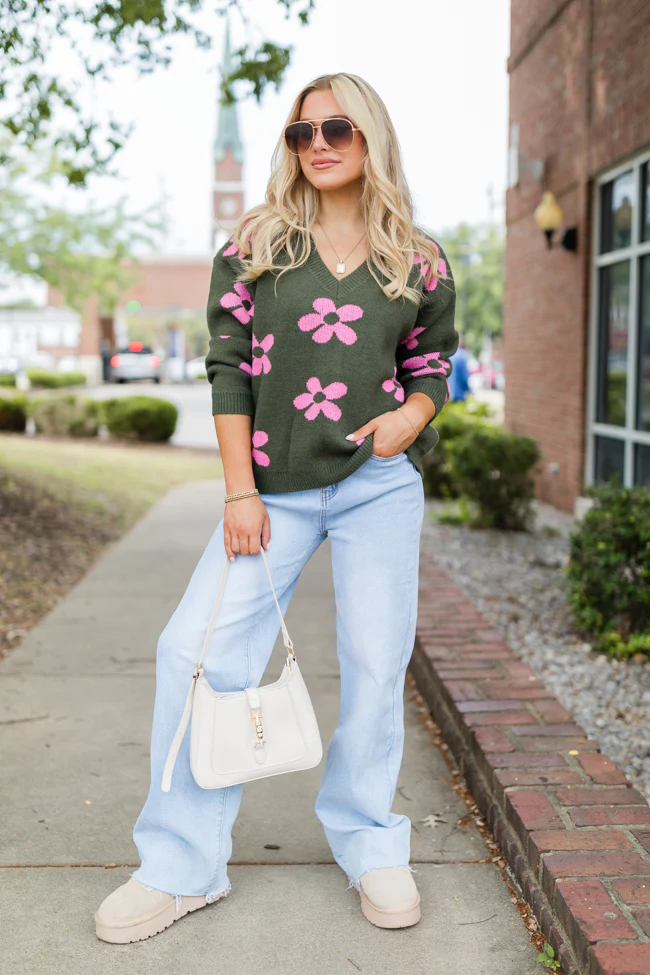 Keep You Around Olive and Pink Floral V-neck Sweater FINAL SALE - Terpint