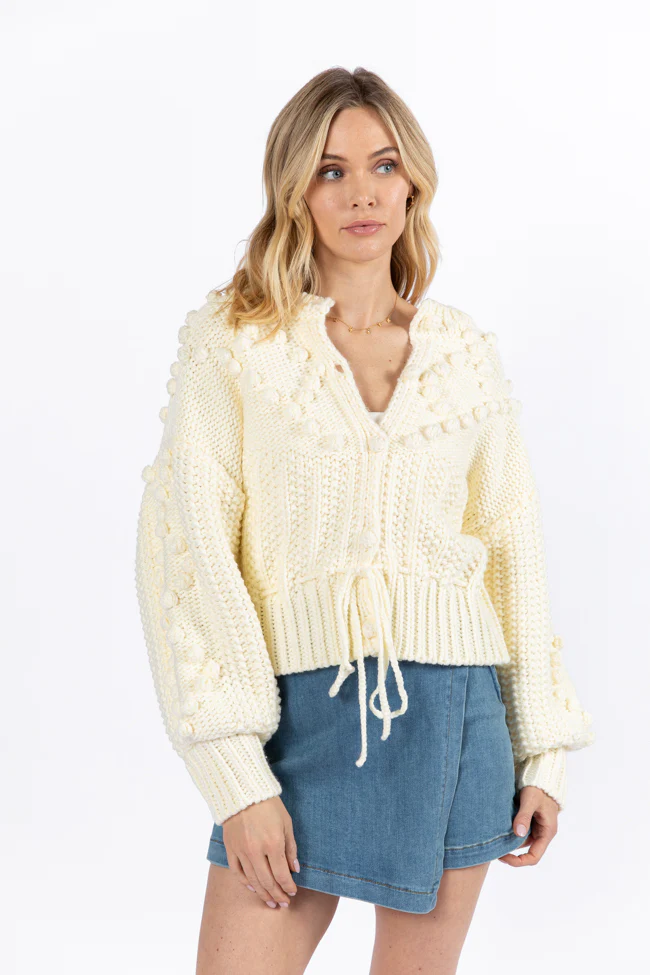 Pom Party Cream Chunky Cinched Waist Cardigan FINAL SALE - Terpint