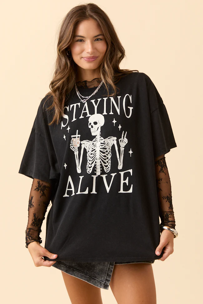 Staying Alive Black Oversized Graphic Tee DOORBUSTER - Terpint