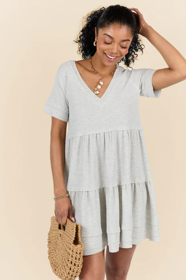 Planning Ahead Heather Grey Short Sleeve Waffle V-neck Dress FINAL SALE - Terpint